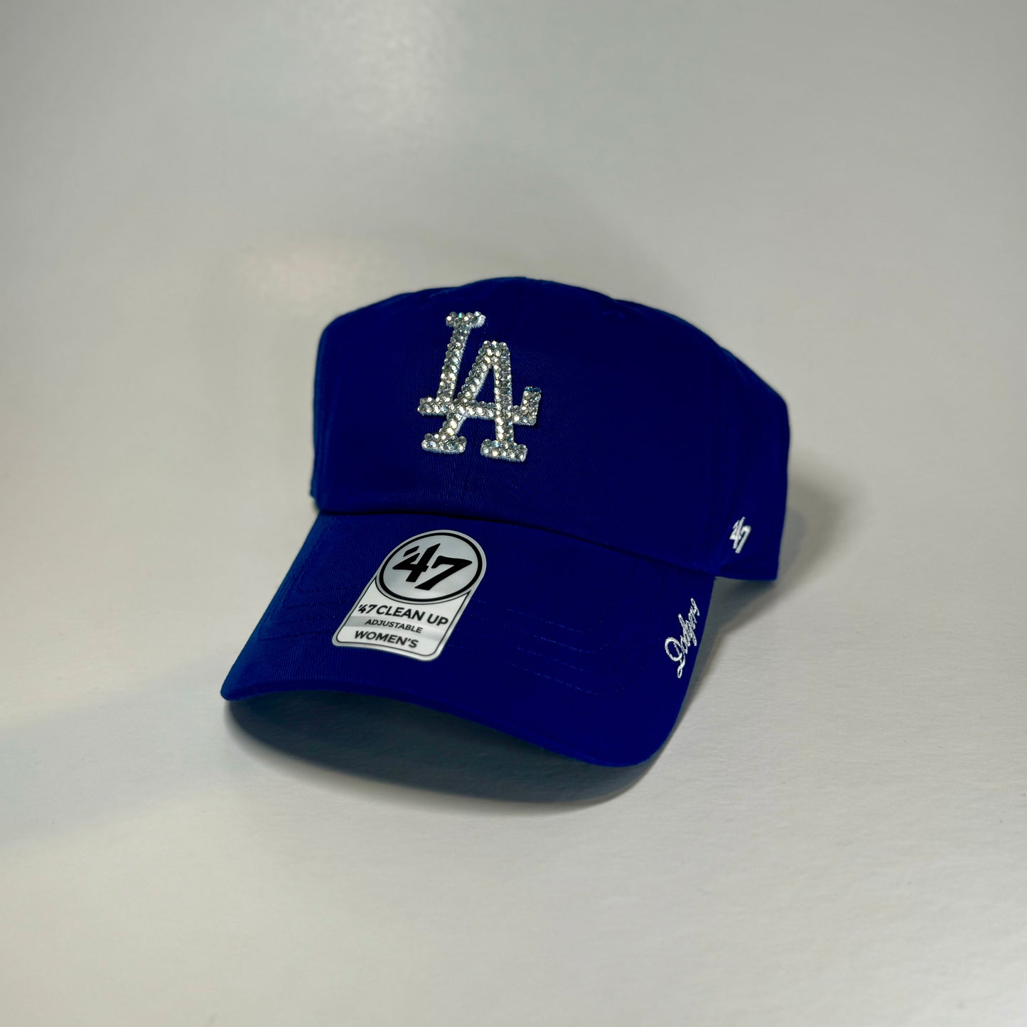 Front View of Rhinestoned LA Dodger Clean Up Dad Hat in royal blue