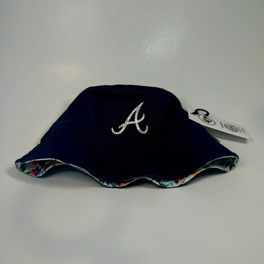 Front side view of rhinestoned Atlanta Braves baseball bucket hat with flower print