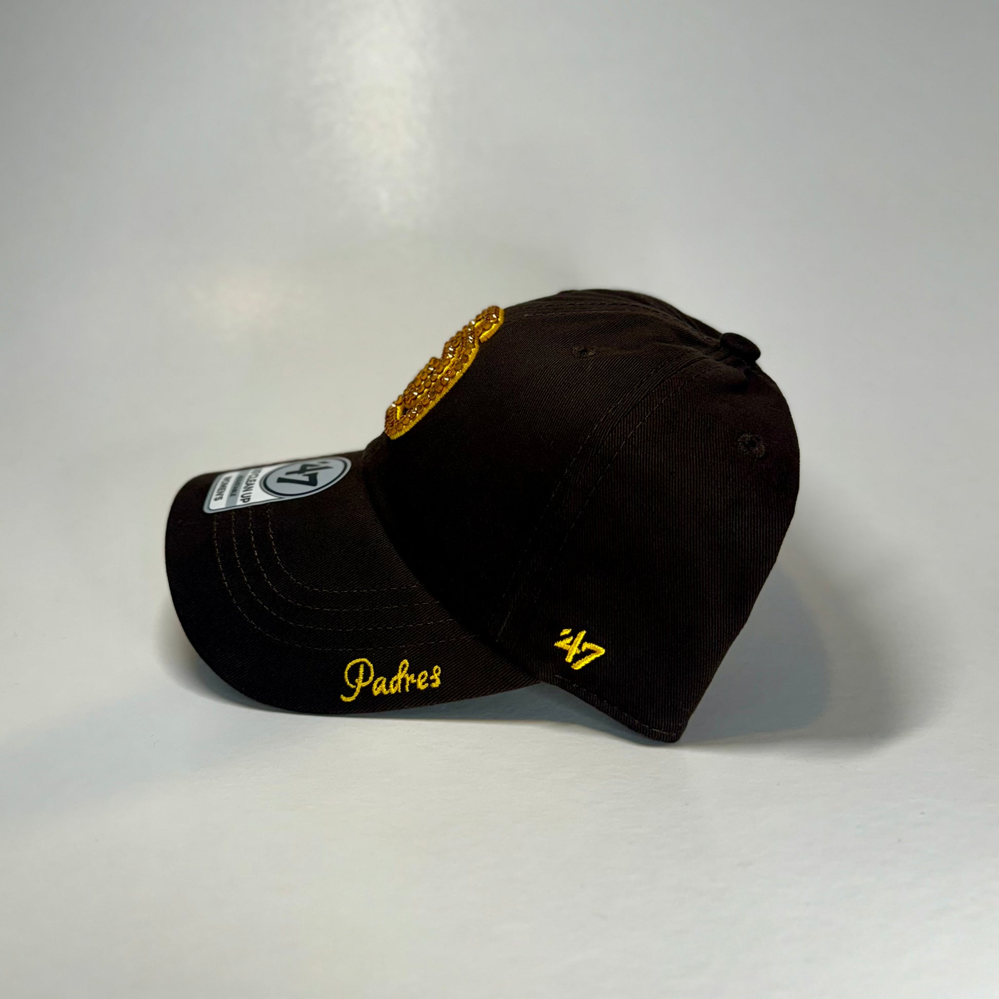 Side view of Women's Rhinestoned San Diego Padres Clean Up Hat in Brown