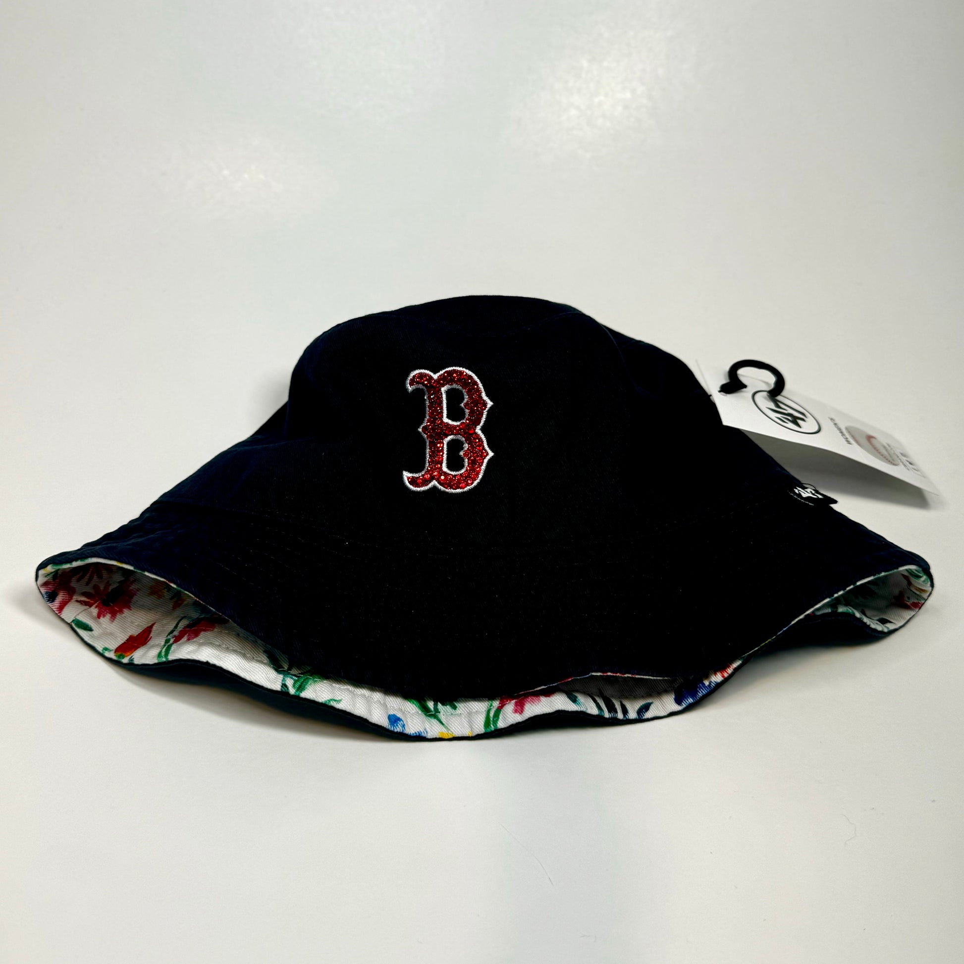 Front side view of Boston Red Sox Baseball bucket hat in Navy blue