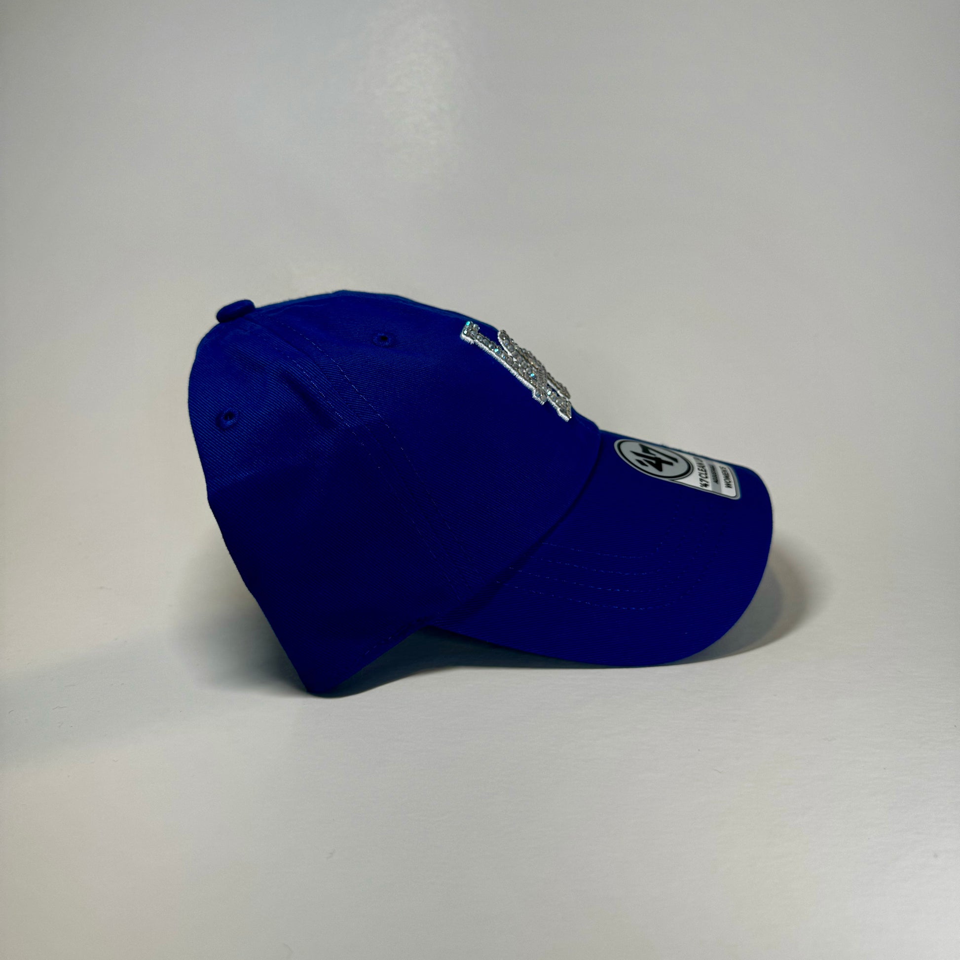 Side view of Rhinestoned Los Angeles Dodgers Clean Up Dad Hat in Royal Blue
