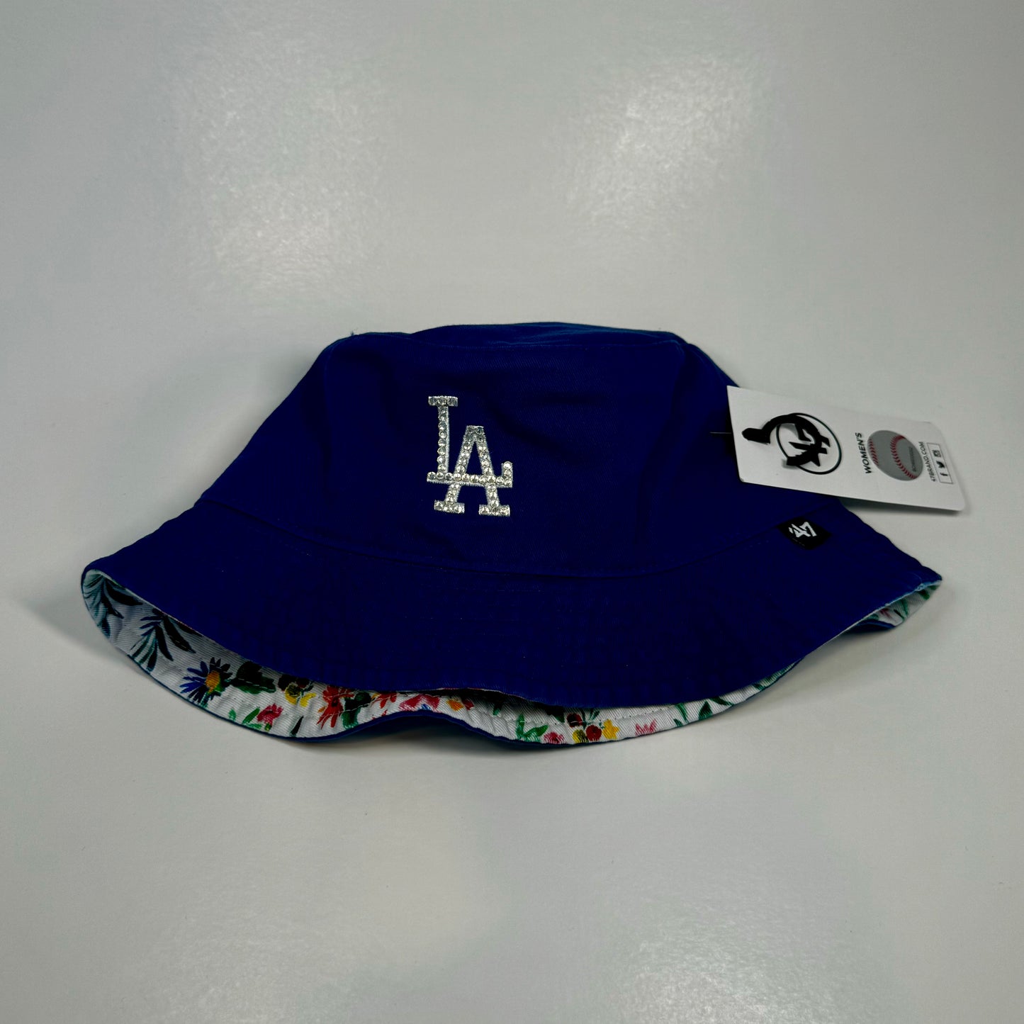 Front View of Rhinestoned Los Angeles Dodger 47 brand bucket hat in royal blue.