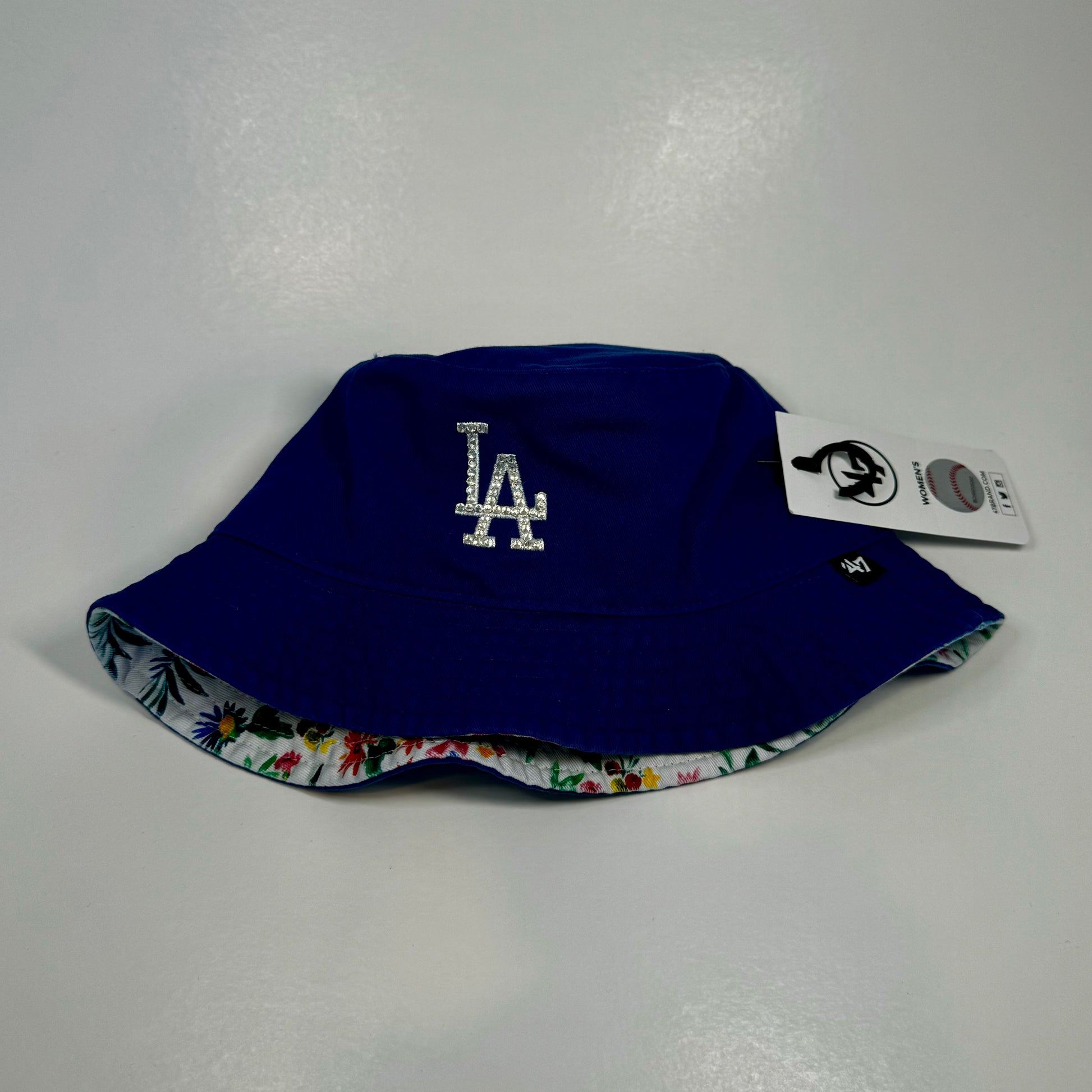 Front View of Rhinestoned Los Angeles Dodger 47 brand bucket hat in royal blue.