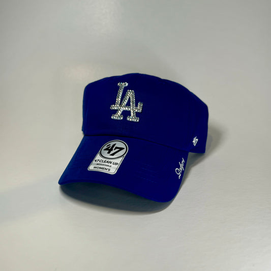 Front View of Rhinestoned LA Dodger Clean Up Dad Hat in royal blue