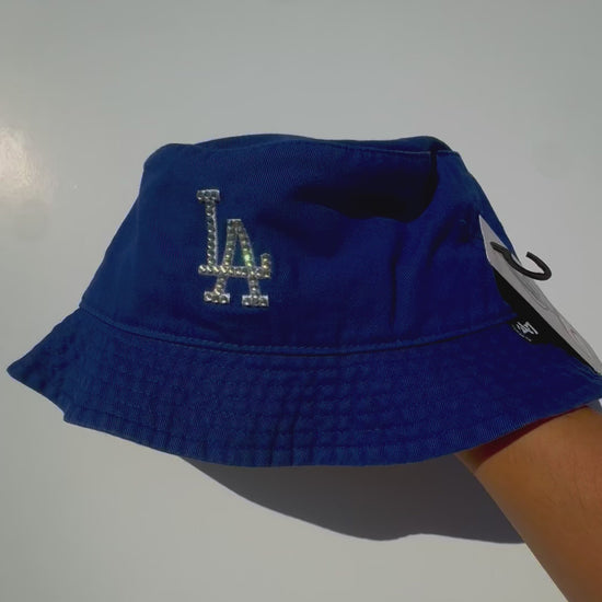 Product video of Rhinestoned Los Angeles Dodgers Bucket Hat in Royal Blue displaying rhinestones sparkling in the sunlight