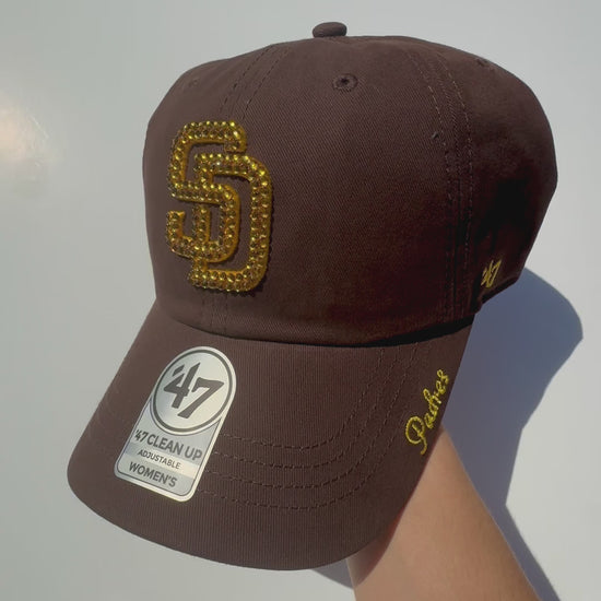 Product video of Rhinestoned San Diego Padres Clean Up Hat in Brown displaying rhinestones sparkling in the sunlight 